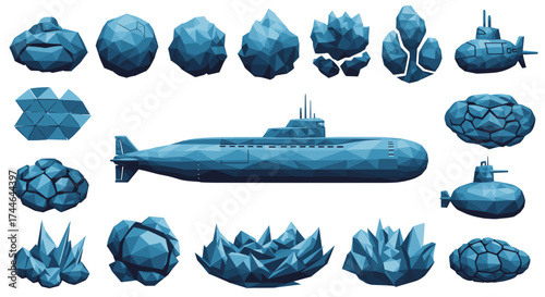 Illustration of submarines and ice formations