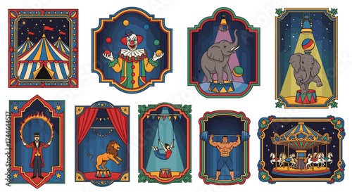 Vector art of vintage circus themed vector art set with various performers