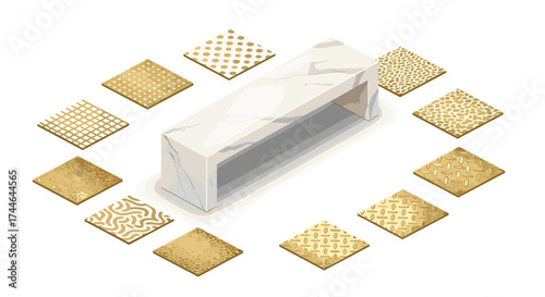 Vector art of isometric view of a marble table surrounded by a collection of golden patterned tiles