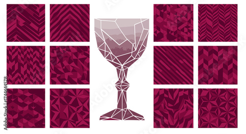 Vector art of geometric wine glass surrounded by abstract burgundy patterned squares