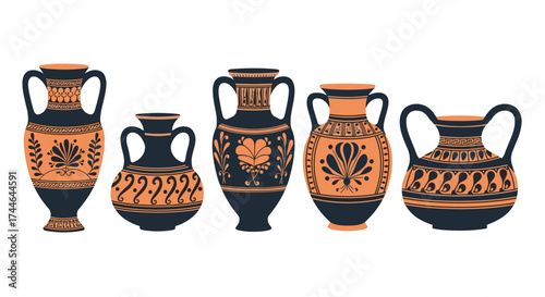 Vector art of collection of ancient greek vases, showcasing pottery art