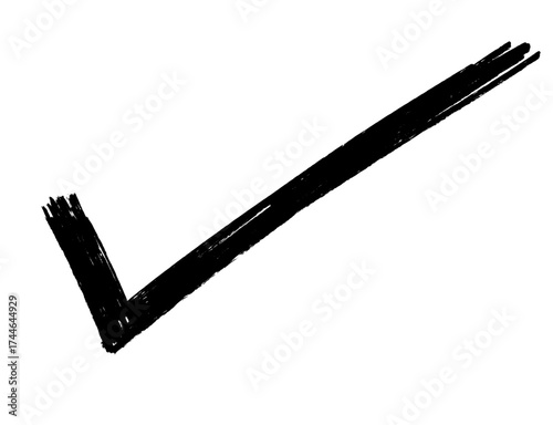 A handdrawn black check mark symbol isolated on a clean transparent background, representing a correct choice or completion of a task, with a textured brush stroke effect