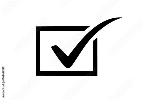 A black check mark inside a square box, isolated on a transparent background, symbolizing completion, success, or a positive choice
