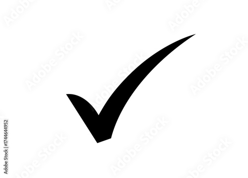 A bold black check mark symbol, isolated on a transparent background, signifying a correct answer, task completion, or a positive affirmation in various contexts