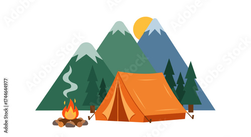 Vector art of camping scene with tent, campfire, mountains, trees, and sun