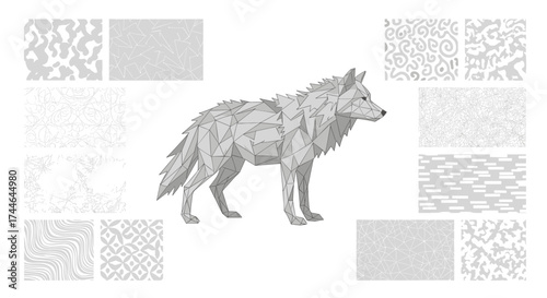 Vector art of geometric wolf illustration with various patterns around it