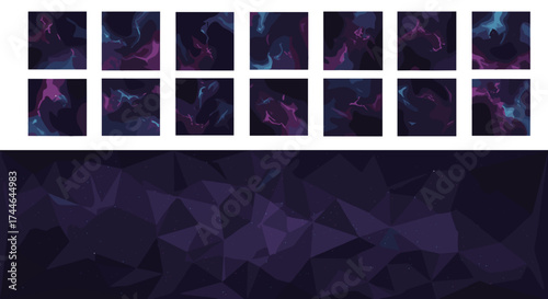 Vector art of abstract galaxy background with geometric shapes and square nebula patterns