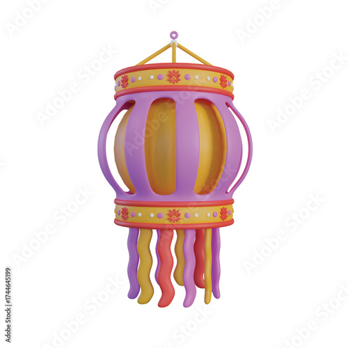A colorful, decorative Diwali lantern with purple and yellow panels, adorned with floral patterns and hanging tassels.