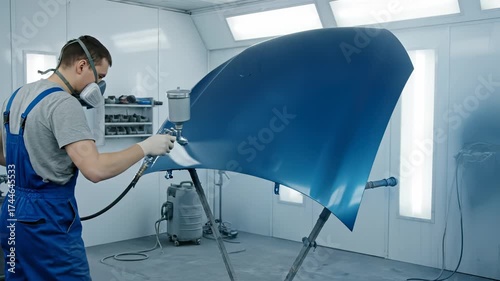 A professional auto body worker meticulously paints a car hood with a spray gun in a paint booth.