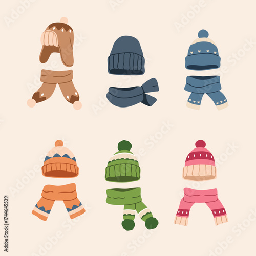 Illustration of six sets of winter hats and scarves in various colors and styles, arranged in a grid pattern on a beige background.