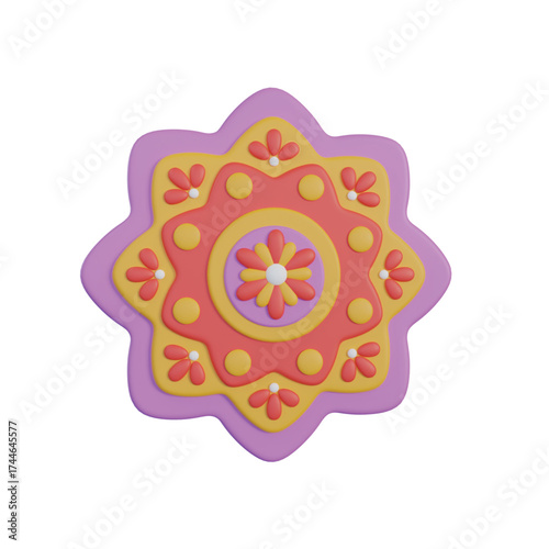 A stylized, geometric flower design with layered shapes in shades of purple, yellow, and pink, set against a white background.