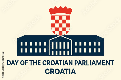 Abstract Croatian flag colors forming a stylized building shape with three arches, symbolic of parliament. Text Day of the Croatian Parliament – Croatia beneath in strong bold style.