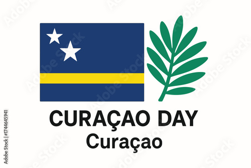 Flat design showing Curaçao flag with two white stars and yellow stripe over deep blue background, placed beside a palm leaf or island silhouette representing Caribbean pride. Keep colors bright but f