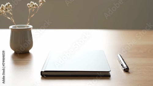 A minimalist composition featuring a closed notebook, pen, and a small vase with dried flowers on a wooden surface.
