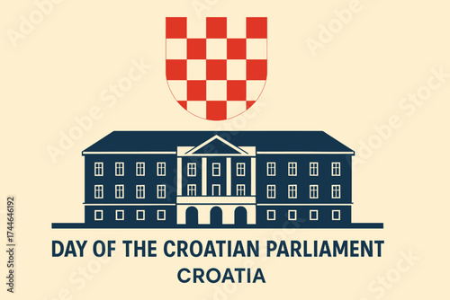 Flat illustration featuring Croatian Parliament building silhouette with national red-white checkerboard emblem placed above it, clean minimal composition, solid flat colors, no gradients or textures.