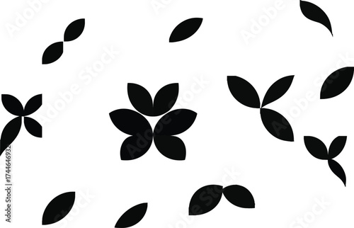 Abstract black petal shapes arranged in floral patterns, minimalist design, geometric symmetry, decorative elements, modern vector art, versatile illustration for creative backgrounds