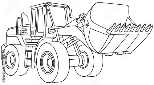 Black and white line art illustration of a wheel loader for construction and industrial use vector