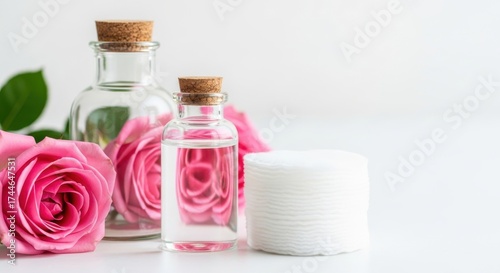 Aromatic rose water in glass bottles with cotton pads and blossoms