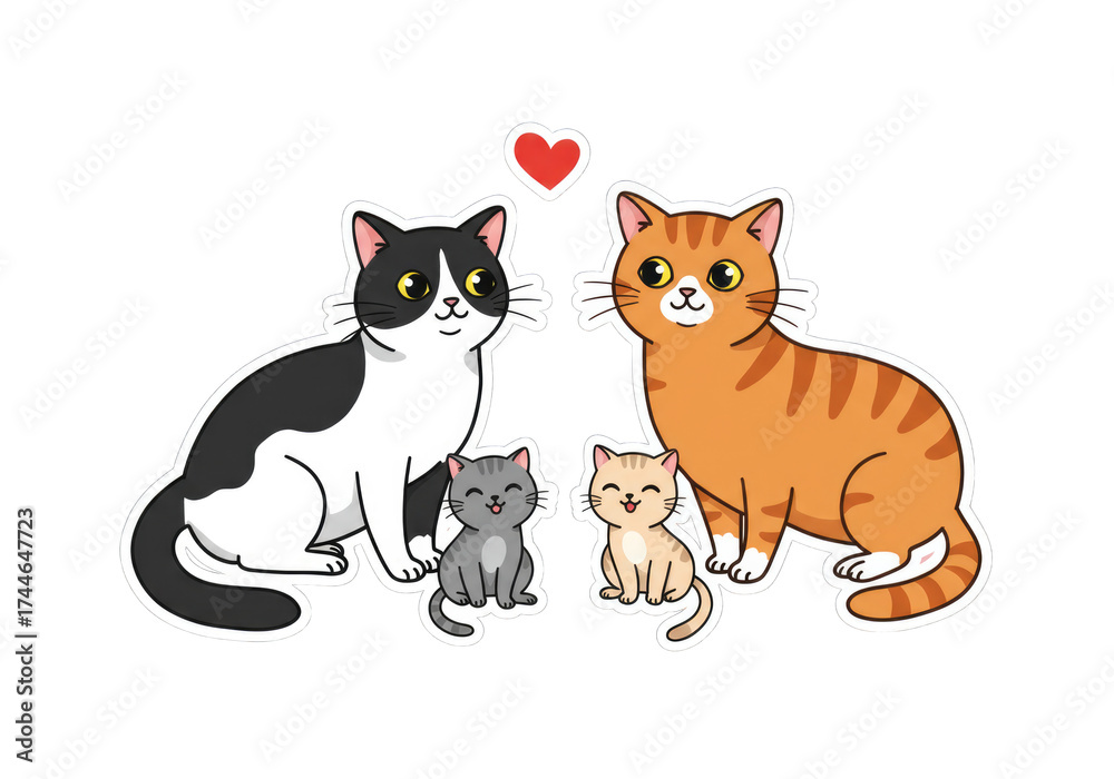 Fototapeta premium Cute cartoon cats with kittens and heart symbol