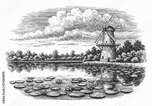 Porcelain design featuring a windmill tower and a lotus lake in dark black 