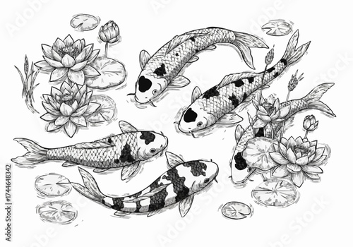 Porcelain design featuring a koi fish pond in dark black 