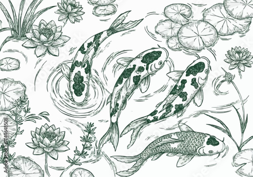 Porcelain design featuring a koi fish pond in dark green 