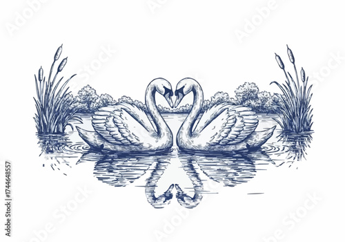 Porcelain design depicting a pair of swans and a lake in dark blue 
