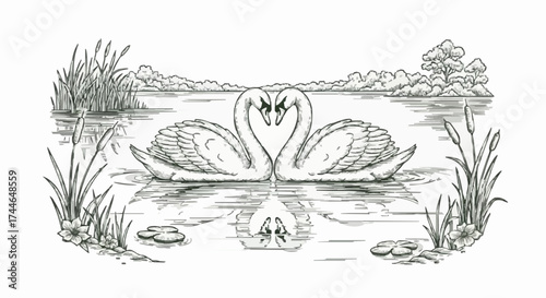 Porcelain design depicting a pair of swans and a lake in dark green 