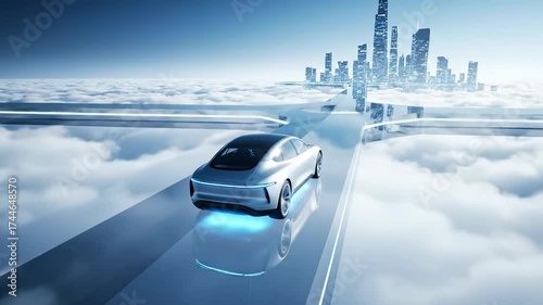 Futuristic car driving on a road in the sky towards a modern city with tall buildings.