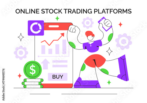Online Stock Trading Platforms Illustration Featuring Buying and Selling Digital Assets Like Bitcoin for Potential Profit or Investment Purposes