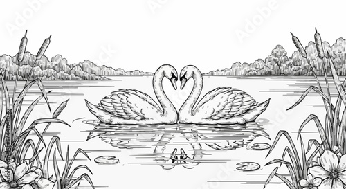 Porcelain design depicting a pair of swans and a lake in dark black 