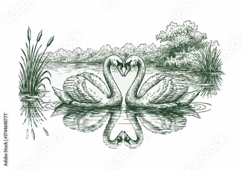Porcelain design depicting a pair of swans and a lake in dark green 