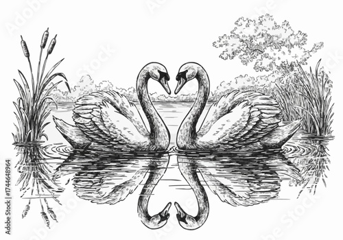 Porcelain design depicting a pair of swans and a lake in dark black 