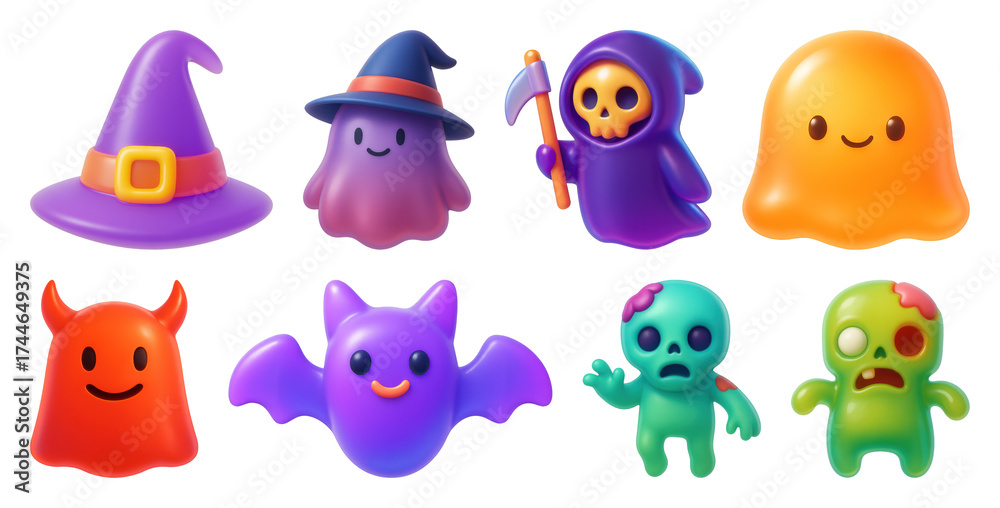 Fototapeta premium PNG Colorful cartoon Halloween characters, element set on transparent background