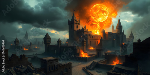 Crumbling medieval city ruins, castle walls collapsing, fire and smoke rising, dark storm clouds, fantasy apocalypse vibe.