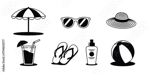 Set of six black and white line art icons beach summer vacation essentials vector eps vector
