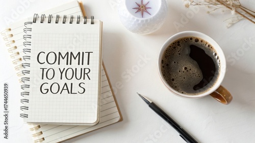 Inspirational workspace scene featuring coffee, notebook, and motivational quote about commitment to personal goals