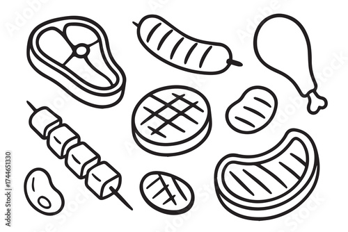 Vector illustration showing several pieces of barbecue meat together, black and white design, outlined with bold black lines, simple cooking themed artwork.