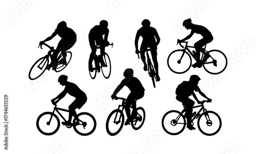 Seven black silhouette figures riding different types of bicycles on a white background, showcasing various cycling postures and bike styles.