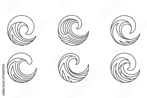 Set of six stylized ocean wave icons hand drawn artistic design elements