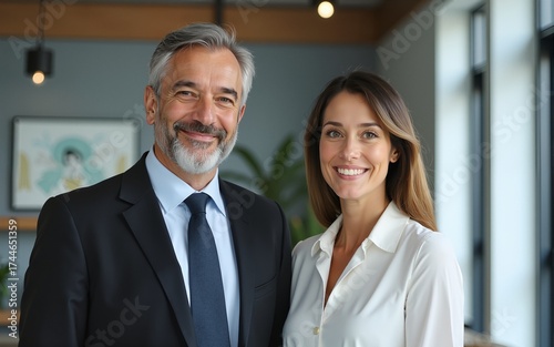 Smiling Latin middle aged business man and woman in office, portrait. Two happy confident professional mature corporate executive leaders company managers standing in office looking at camera.