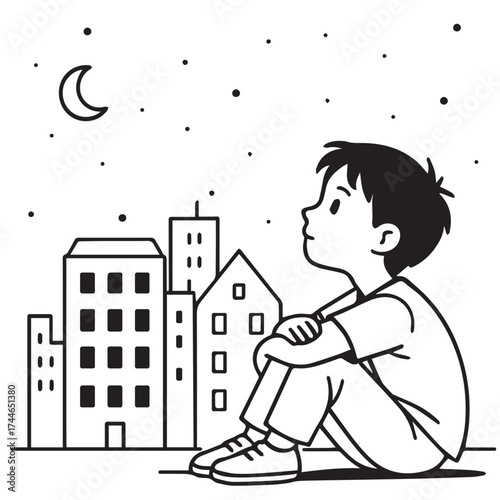 Vector illustration of a little boy sitting alone at midnight, with a cityscape background, black and white design, outlined in bold black.