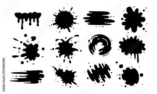 Twelve black ink splatter designs, including drips, bursts, and brush strokes, isolated on a white background.