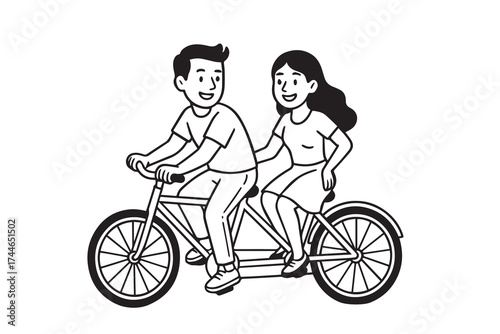 Vector illustration of a young couple riding a tandem bicycle together, romantic moment in black and white, outlined with bold black lines.