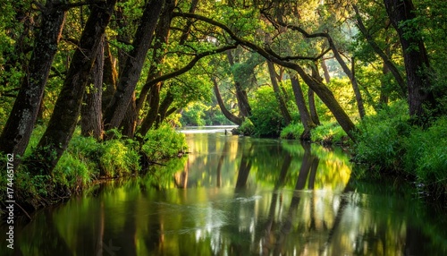 Serene river winding through lush green trees, reflecting sunlight, creating a peaceful natural scene