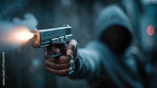 A person holding a handgun with muzzle flash