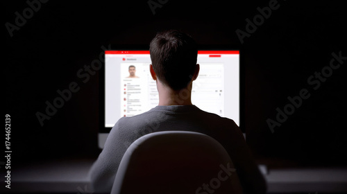 Man sitting in front of computer screen in dark room reading fake news online with focused posture and dim lighting