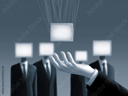 Fake news concept with faceless people controlled by television screens showing manipulated information