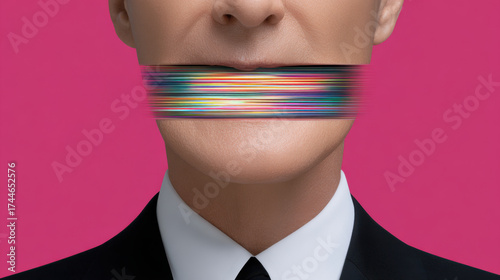 Fake news concept with blurred mouth on man face in suit showing censorship and misinformation effect