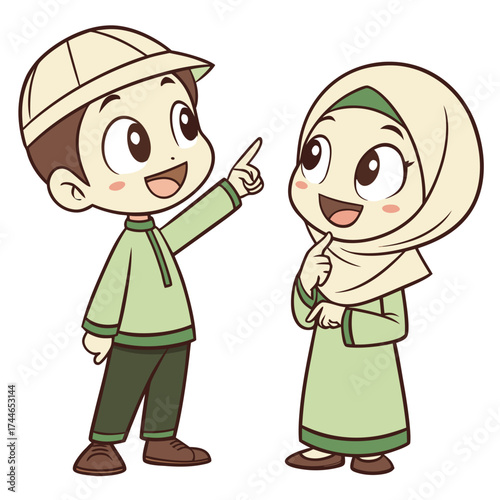 Two cartoon children in traditional Islamic attire are smiling. The boy wears a green outfit with a beige cap and points upward. The girl wears a matching green dress with a beige hijab.